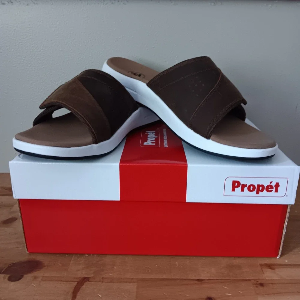 Propet Emerson Slide Sandals Mens 13M Brown Leather New Adjustable Strap Comfort